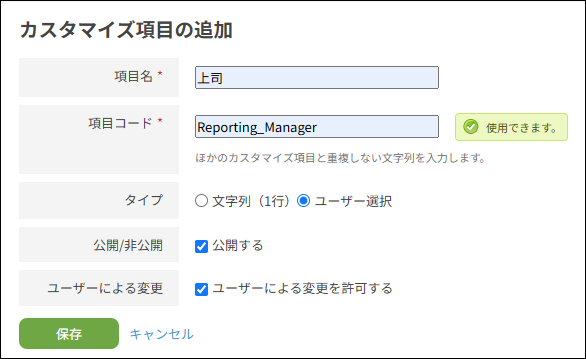 スクリーンショット：［カスタマイズ項目の追加］画面が表示されている
