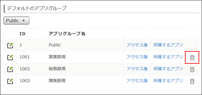 スクリーンショット:削除したいアプリグループの右側にあるごみ箱の形をした削除アイコンを赤枠で強調している