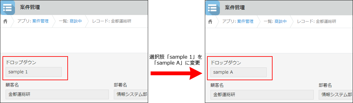 スクリーンショット:選択肢の項目名を変更した例