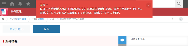 スクリーンショット:レコードの保存時にエラーが表示されている