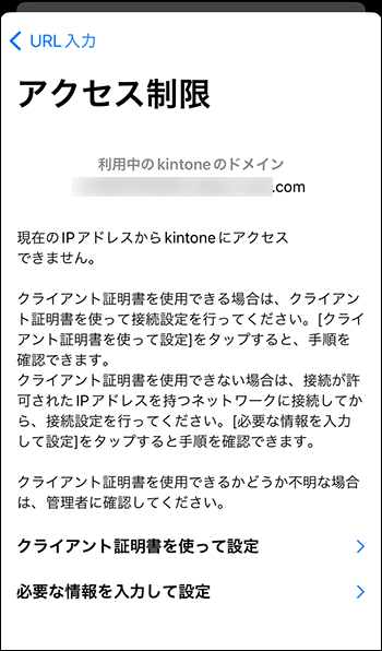 スクリーンショット:「現在のIPアドレスからkintoneにアクセスできません。」というエラーが表示されている