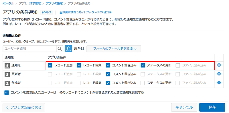スクリーンショット:通知する条件が枠線で強調されている