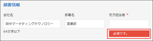 スクリーンショット:フィールドの下にエラーが表示されている