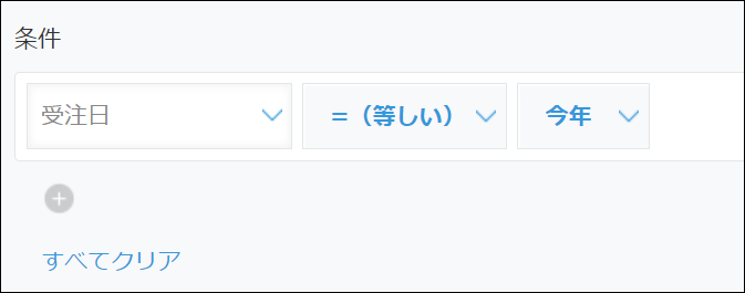 スクリーンショット：［集計する］画面の［条件］に「受注日」［＝（等しい）］［今年］と設定している